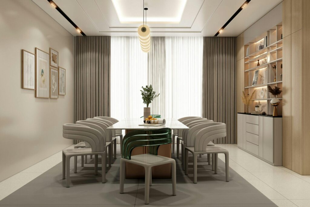 A sleek, stylish dining room featuring modern furniture and elegant lighting.