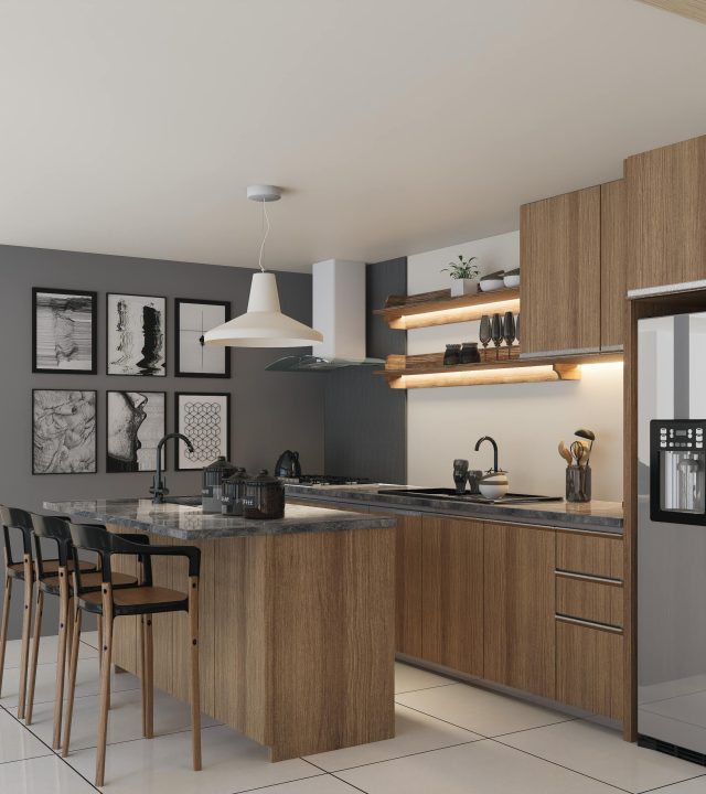 Modern kitchen with wooden cabinets and sleek interior design elements.